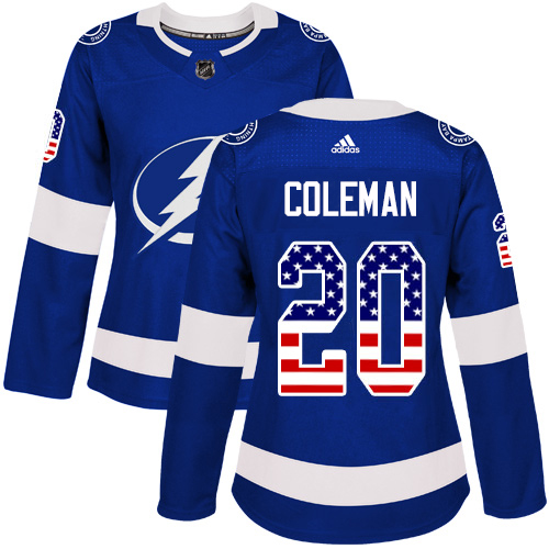 Adidas Tampa Bay Lightning #20 Blake Coleman Blue Home Authentic USA Flag Women Stitched NHL Jersey